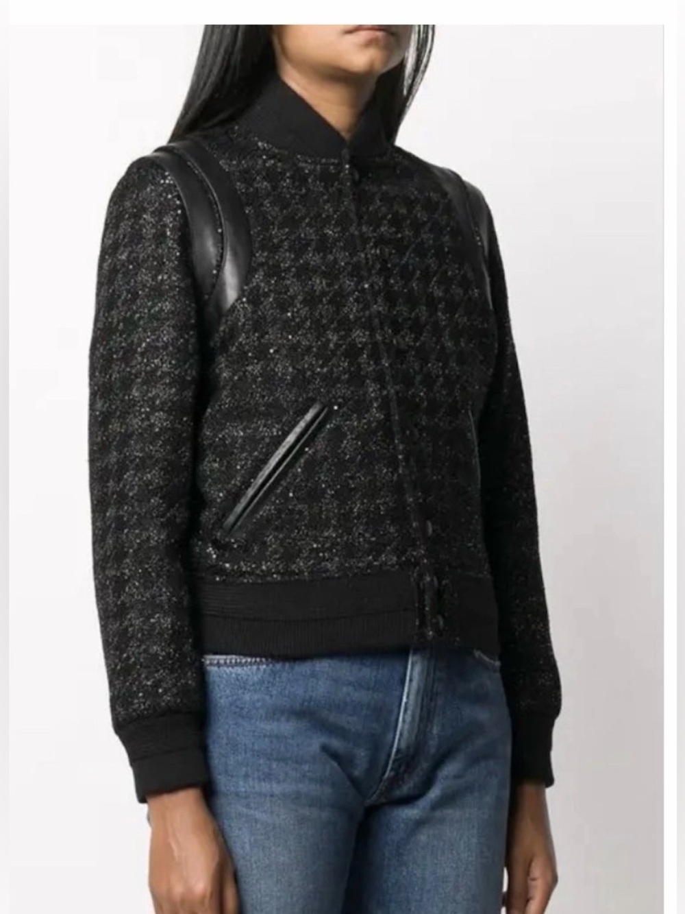 Saint Laurent Black Tweed Bomber Jacket with Leather Trim
